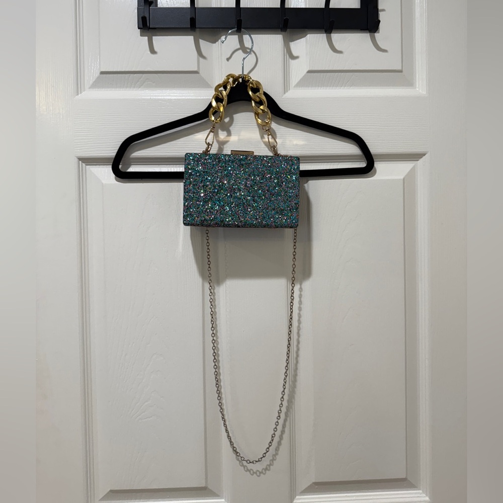 Glittery Blue Clutch with Gold Chain